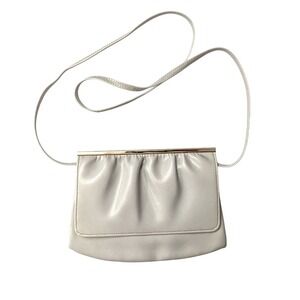 Vintage Mardane USA Ivory Leather Clutch Shoulder Bag Gold Frame Bridal Purse